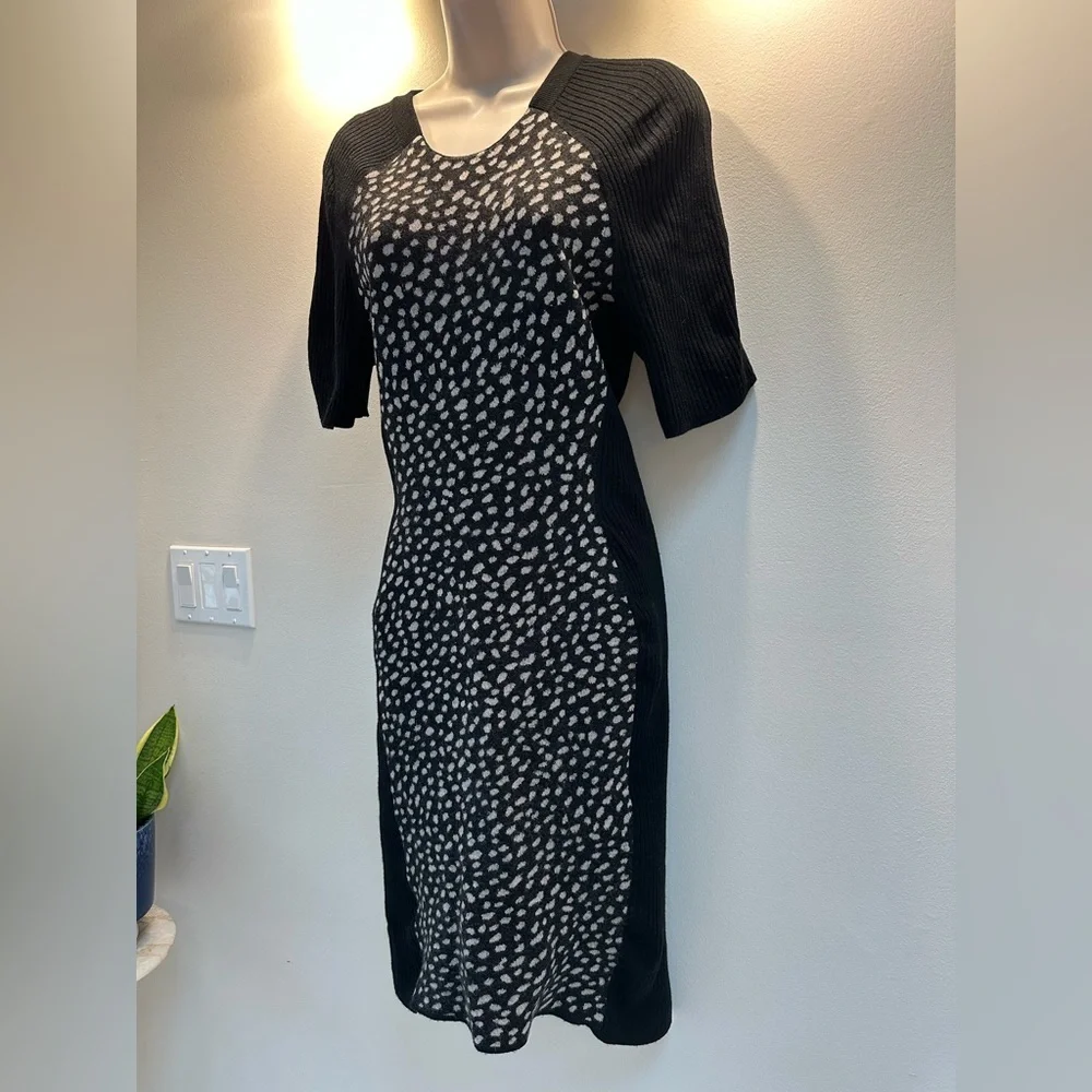 Tory Burch Gemma Polka Dot Sheath Dress Black White Merino Wool Size L